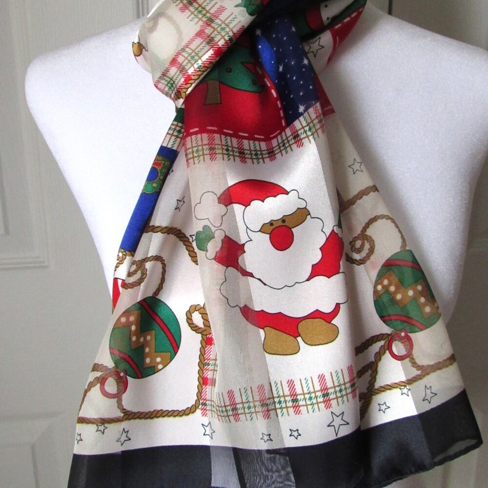 Cute CHRISTMAS Holiday Santa Snowman Trees SCARF 100% Polyester Tis the Season